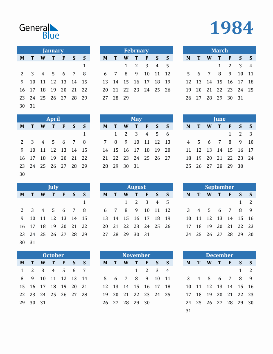 Free 1984 Year Calendar in PDF, Word, and Excel