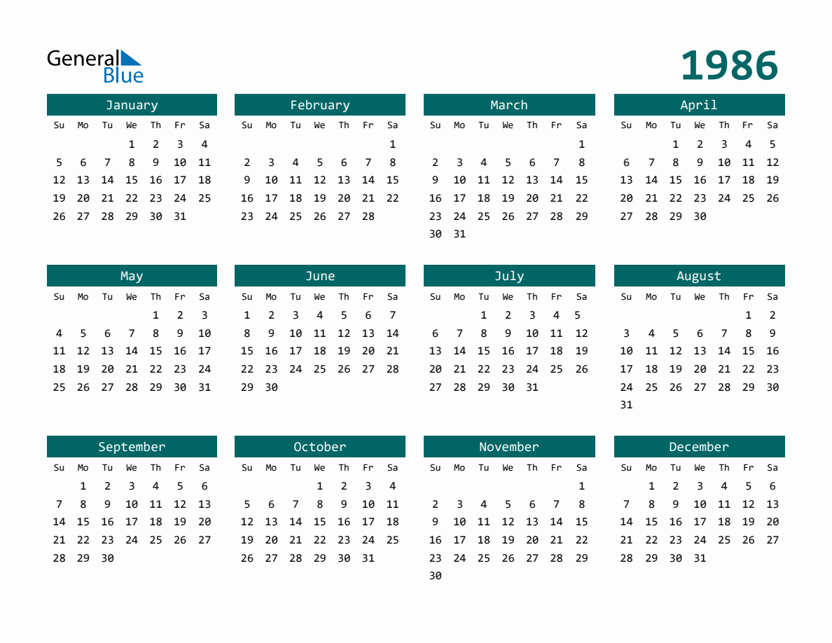 1986 Full-Year Calendar