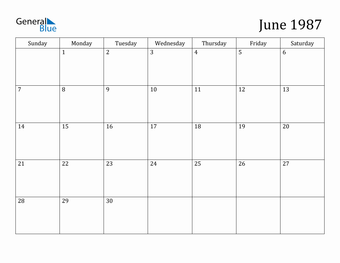 June 1987 Monthly Calendar June 1987 Monthly Calendar