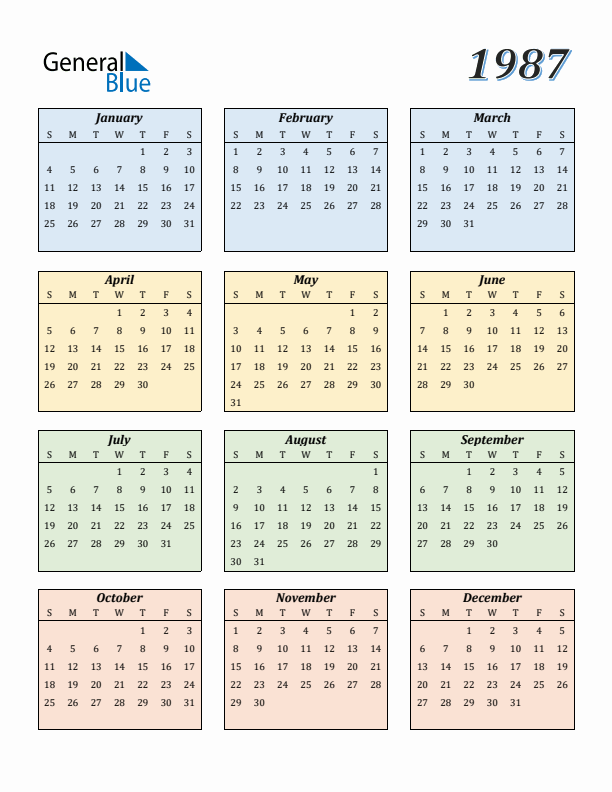 Free 1987 Calendars In PDF Word Excel