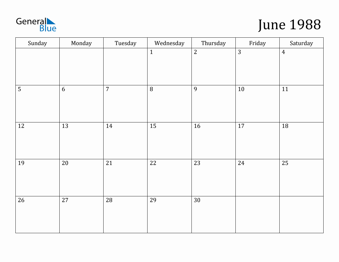 June 1988 Monthly Calendar