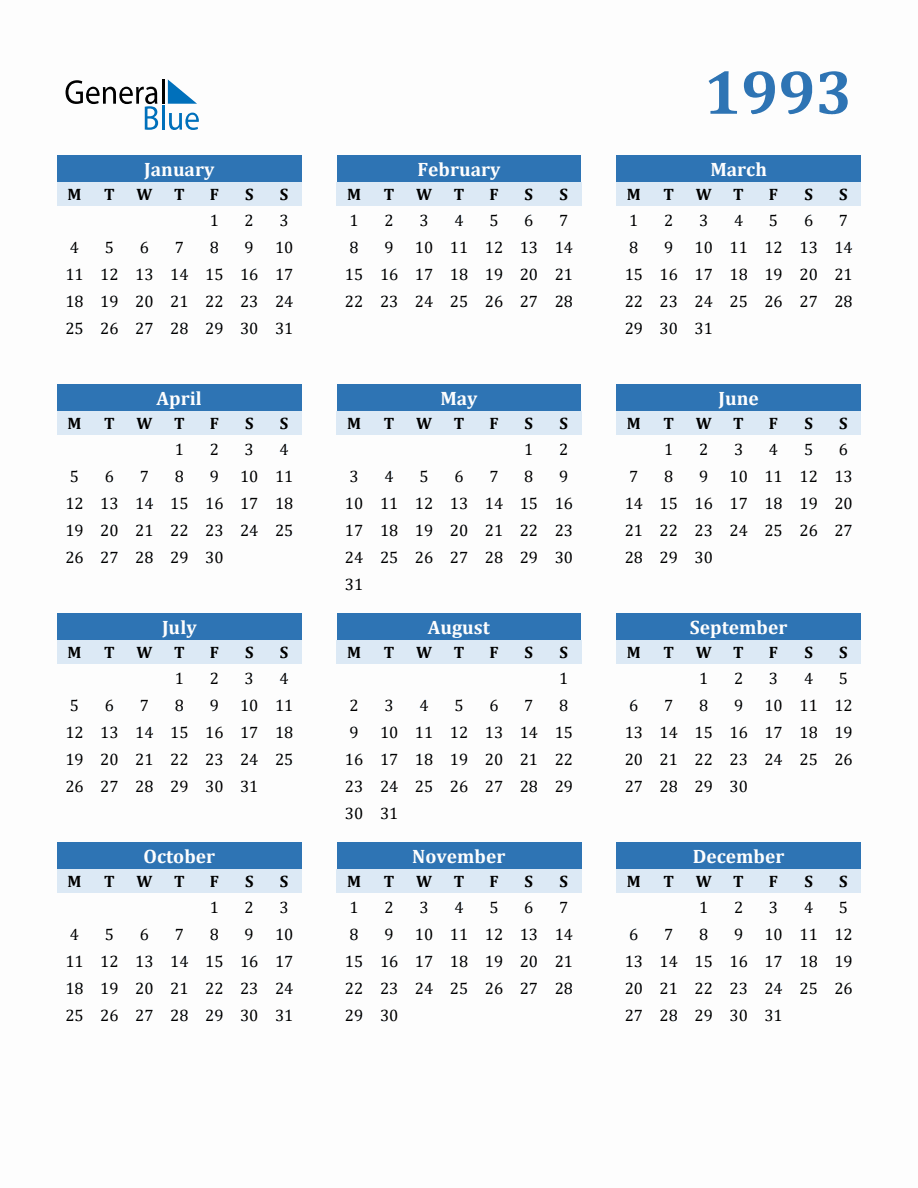 Free 1993 Year Calendar in PDF, Word, and Excel with Monday