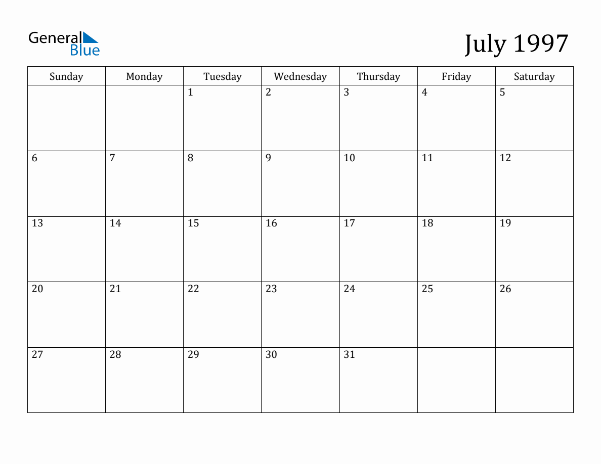 July 1997 Monthly Calendar