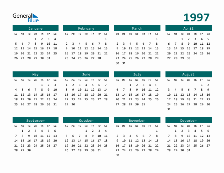 Free 1997 Calendars In PDF Word Excel