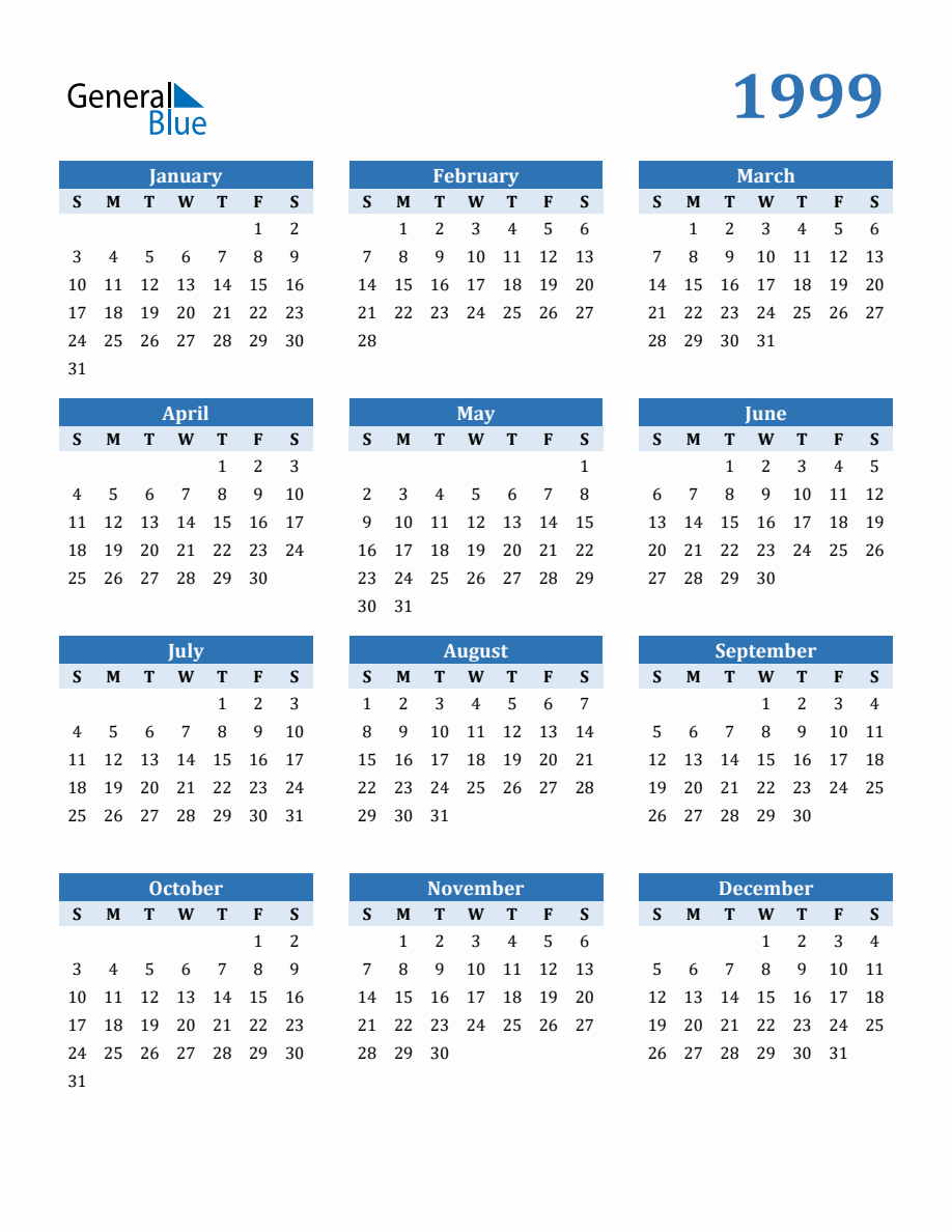 Free 1999 Year Calendar in PDF, Word, and Excel