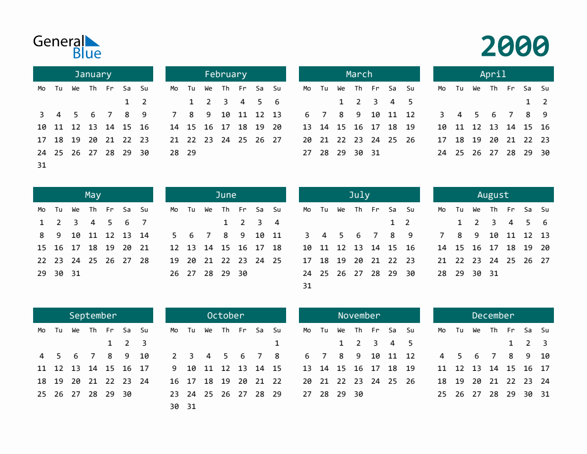 2000 Full-Year Calendar with Monday Start