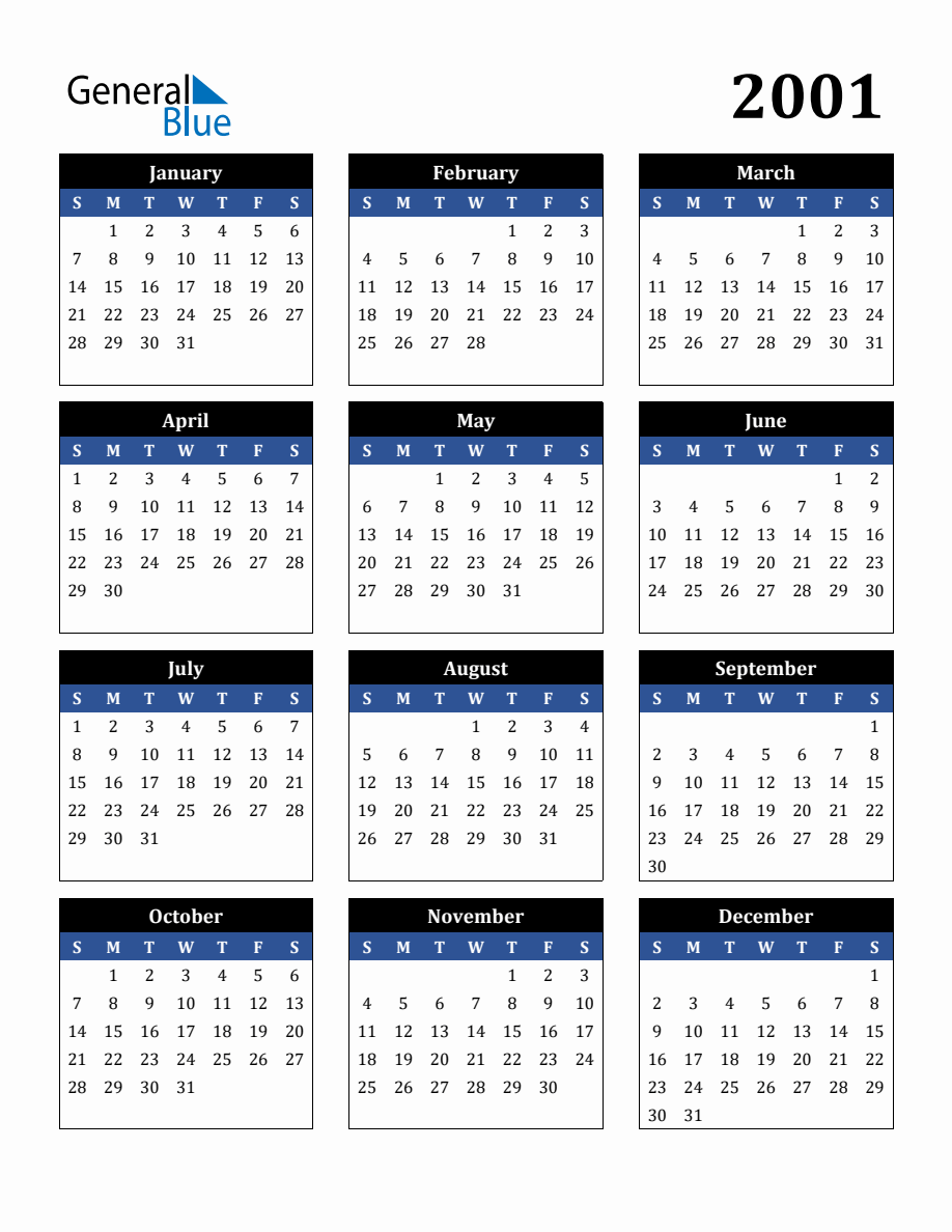 Editable 2001 Calendar
