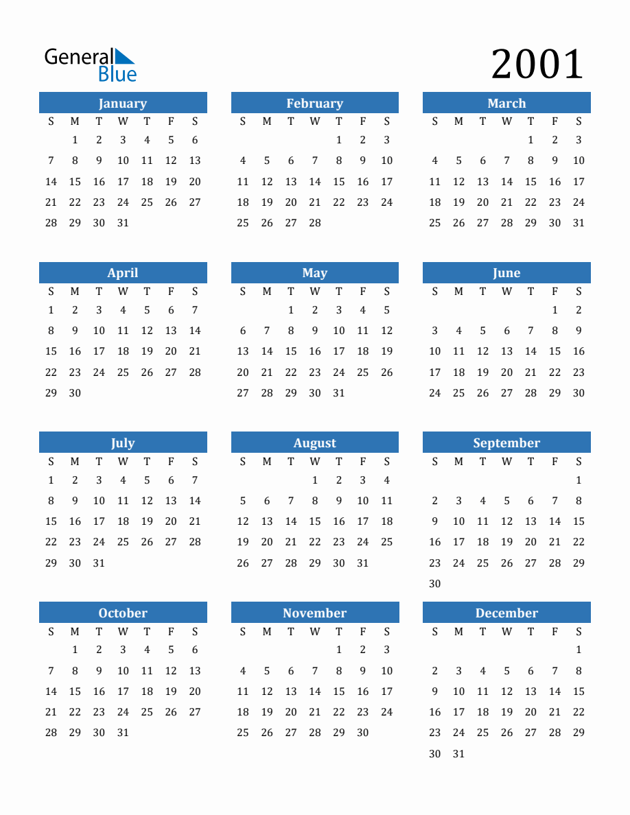 2001 Yearly Calendar 2001 Yearly Calendar