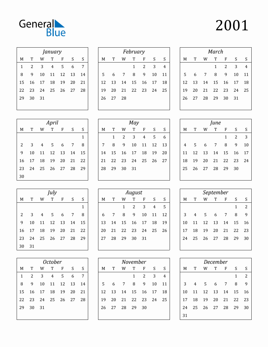 2001 Blank Yearly Calendar Printable - 2001 Calendar Streamlined Portrait Monday Start 918x1188 
