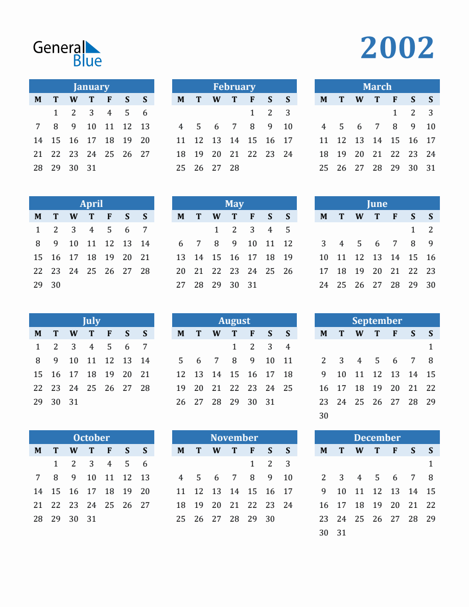 Free 2002 Year Calendar in PDF, Word, and Excel with Monday Start