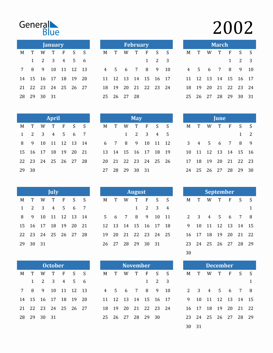 2002 Yearly Calendar with Monday Start 2002 Yearly Calendar with Monday Start