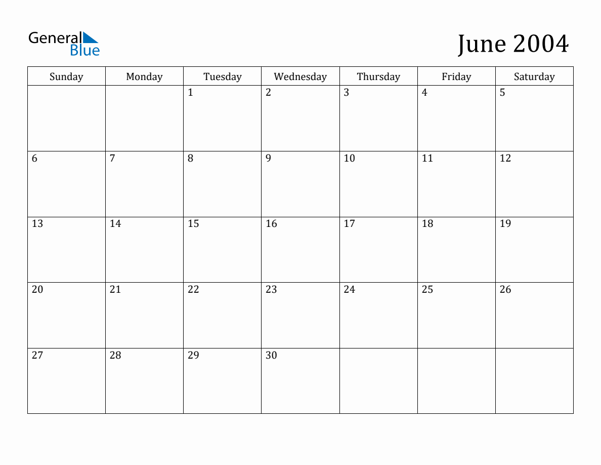 June 2004 Monthly Calendar