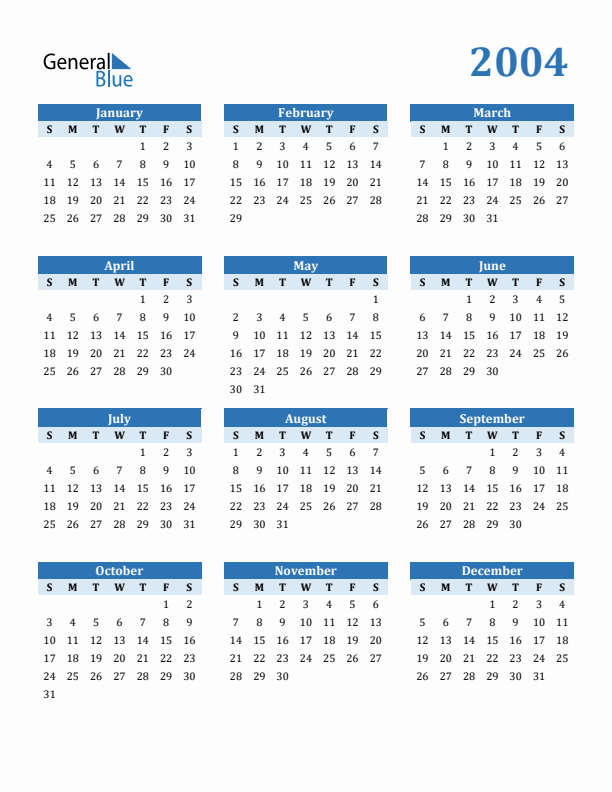 2004 Yearly Calendar