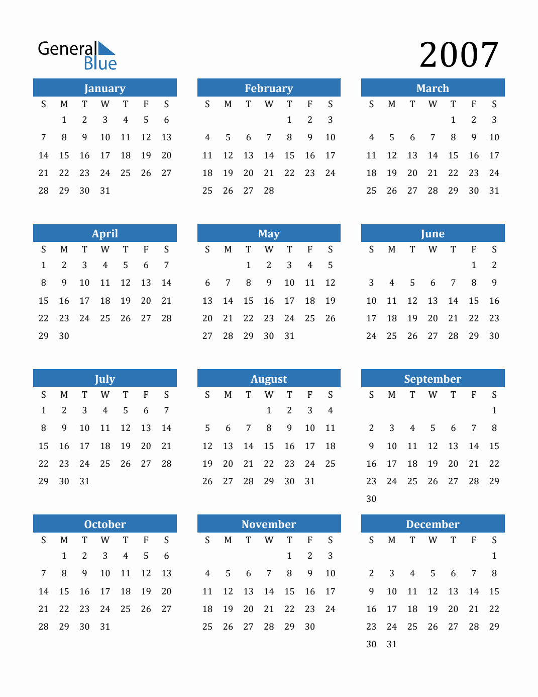 Free 2007 Calendars in PDF, Word, Excel