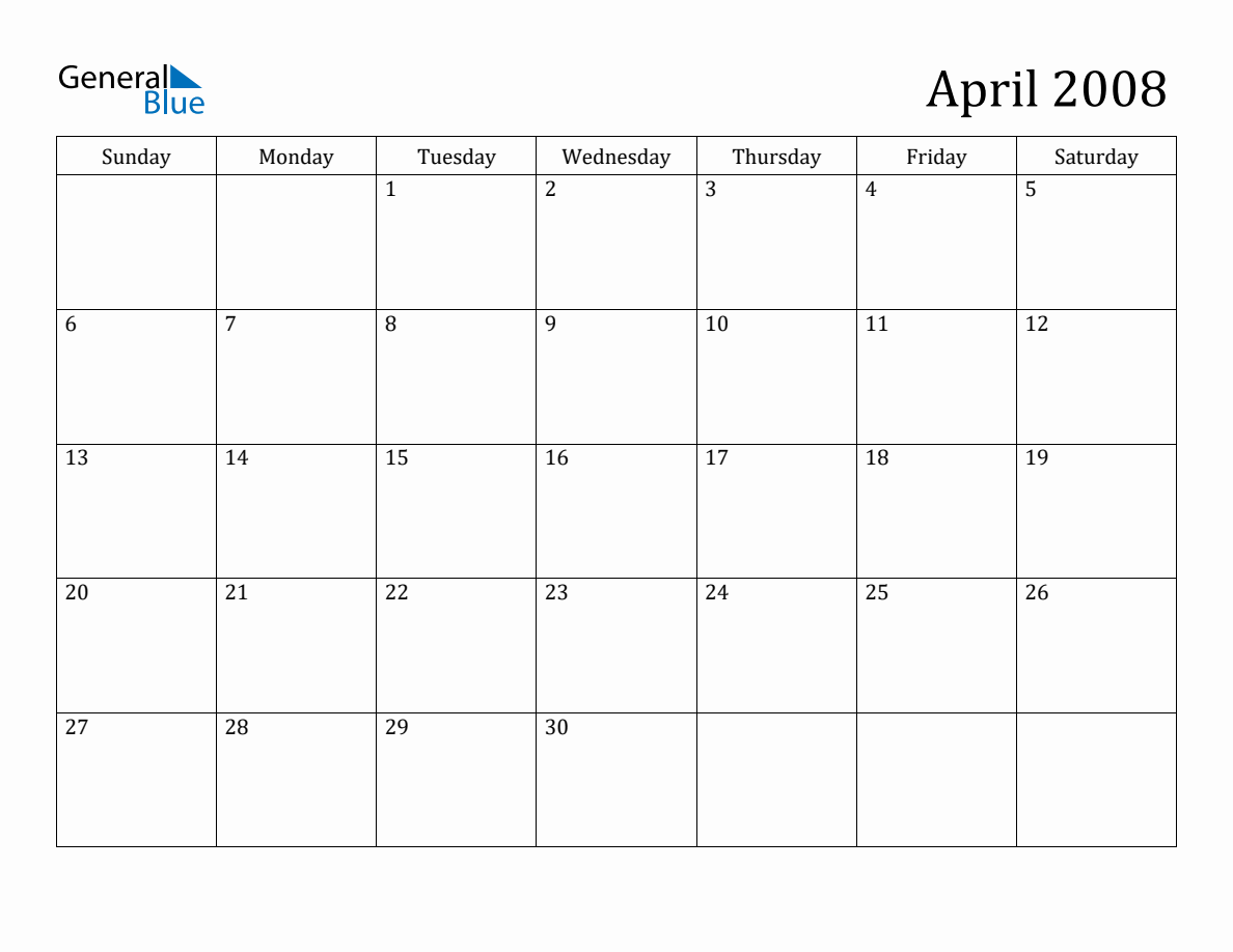 April 2008 Monthly Calendar