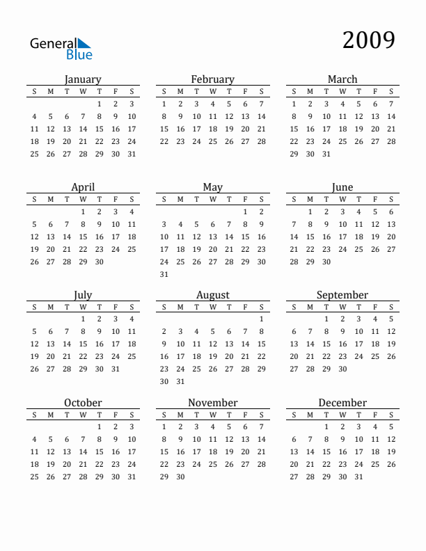 2009 Yearly Calendar