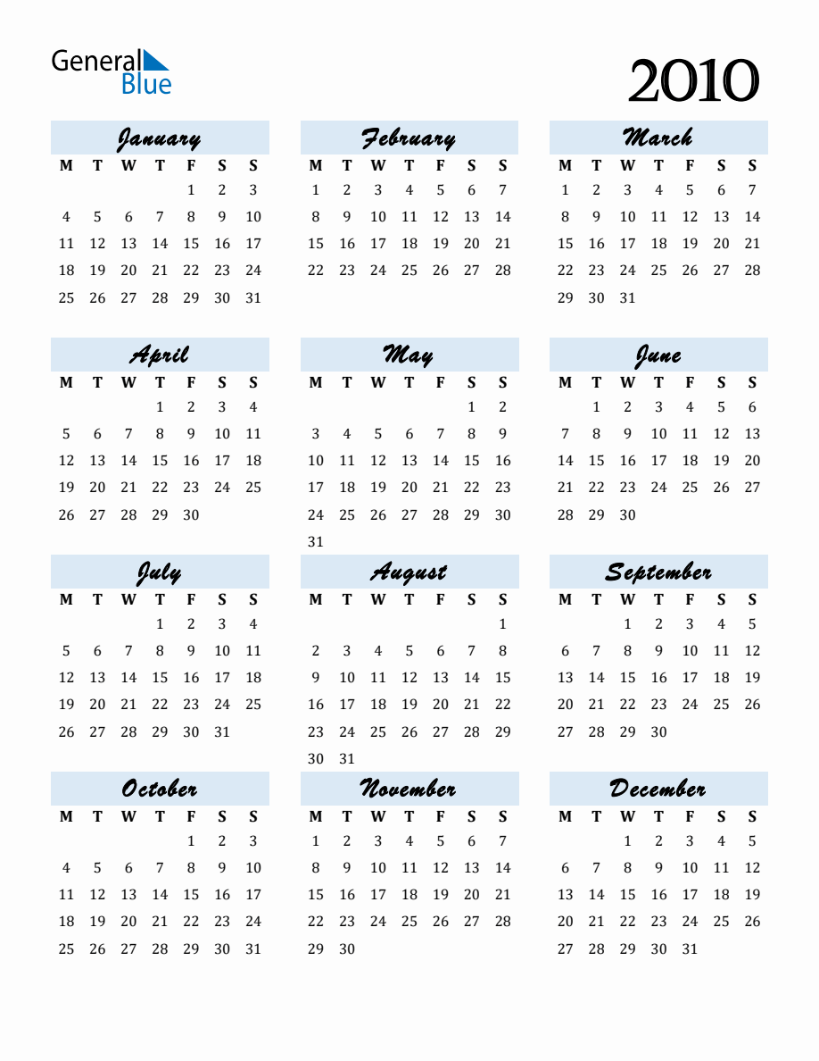 Free Downloadable Calendar for Year 2010 with Monday Start
