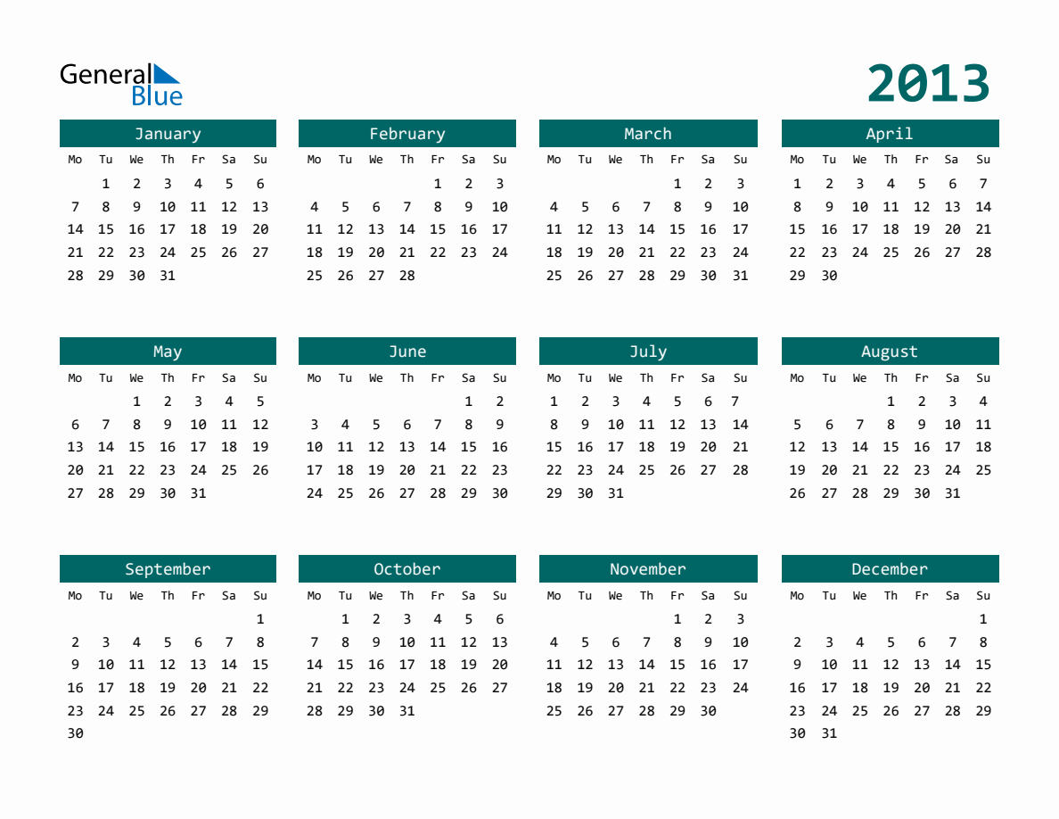 2013 Full-Year Calendar with Monday Start