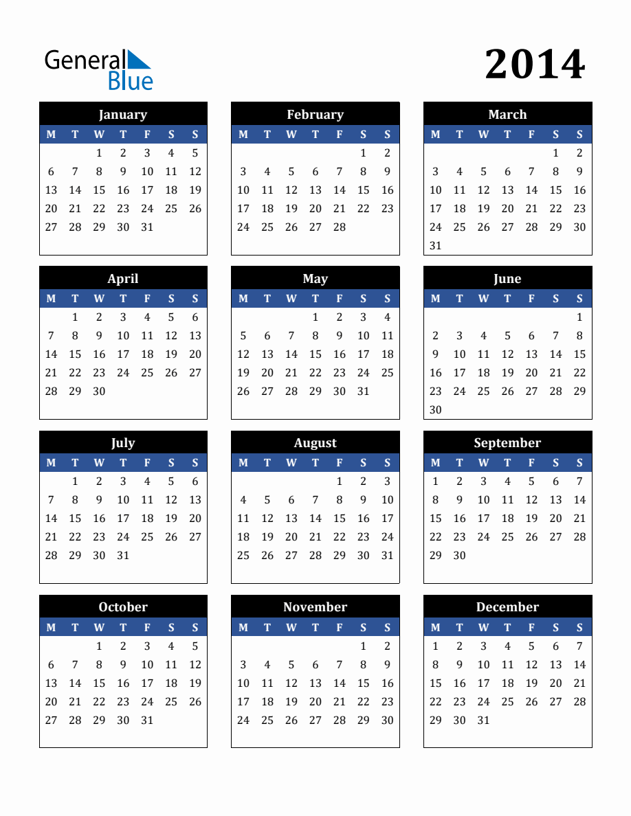 Editable 2014 Calendar with Monday Start, image size:918x1188