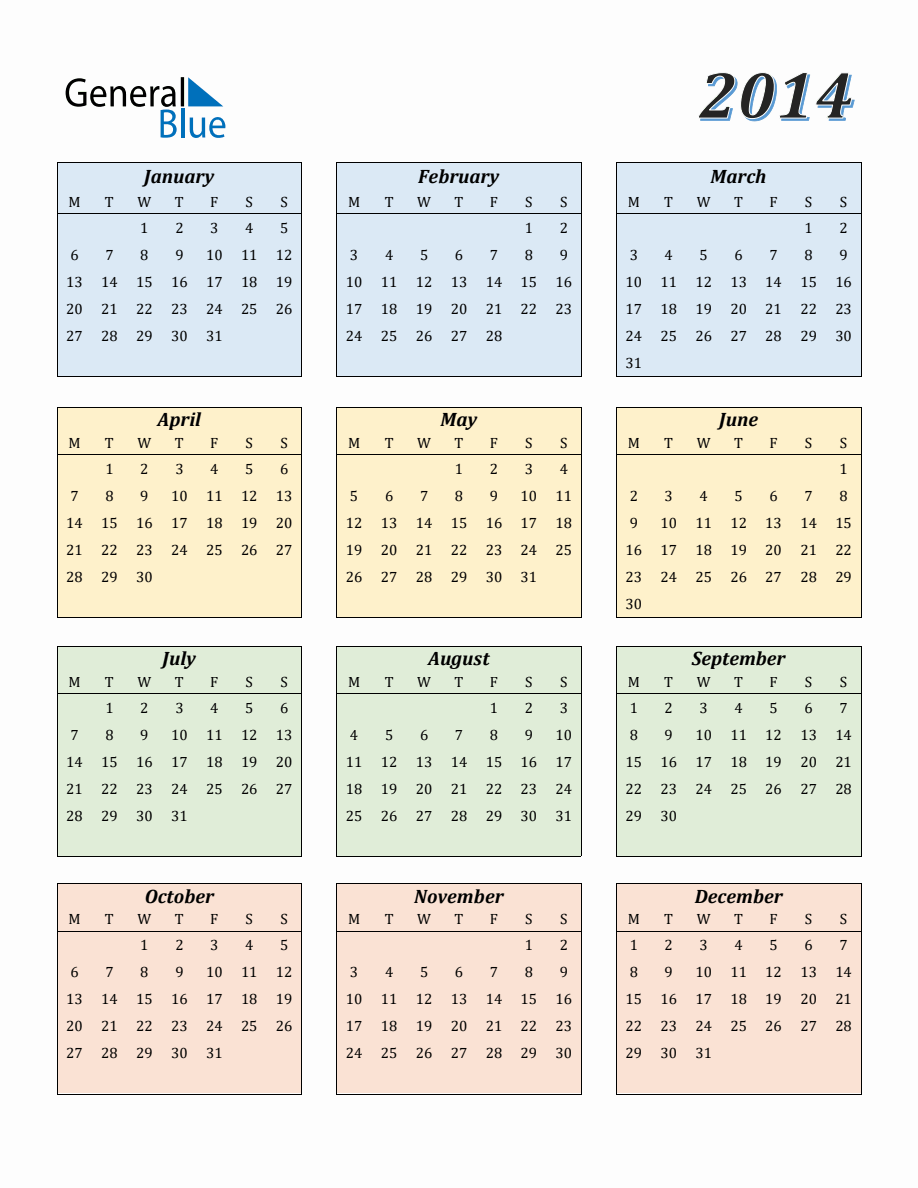 Calendar for Year 2014 with Monday Start, image size:918x1188