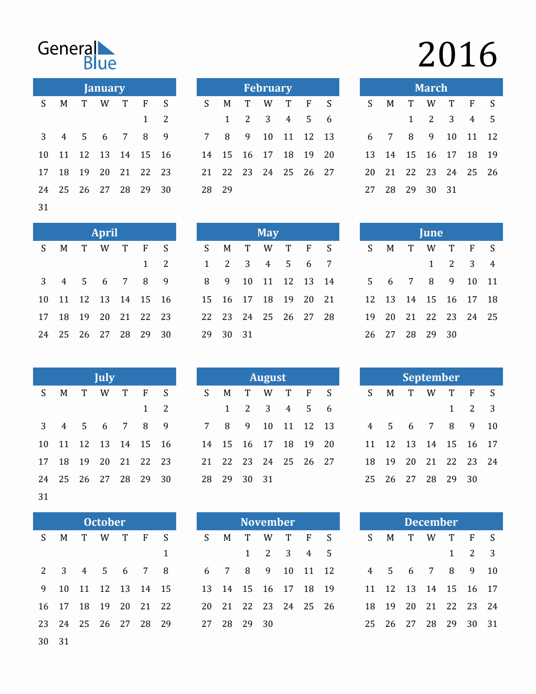 2016 Yearly Calendar Templates with Monday Start