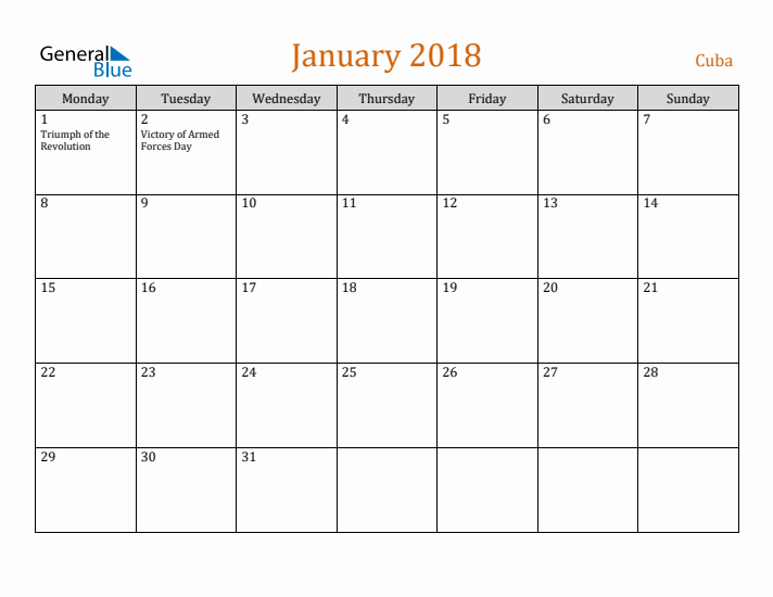 January 2018 Holiday Calendar with Monday Start