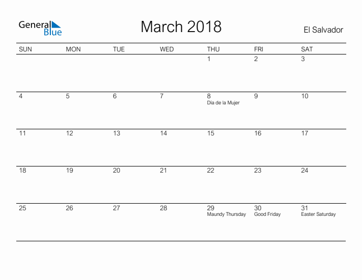 Printable March 2018 Calendar for El Salvador