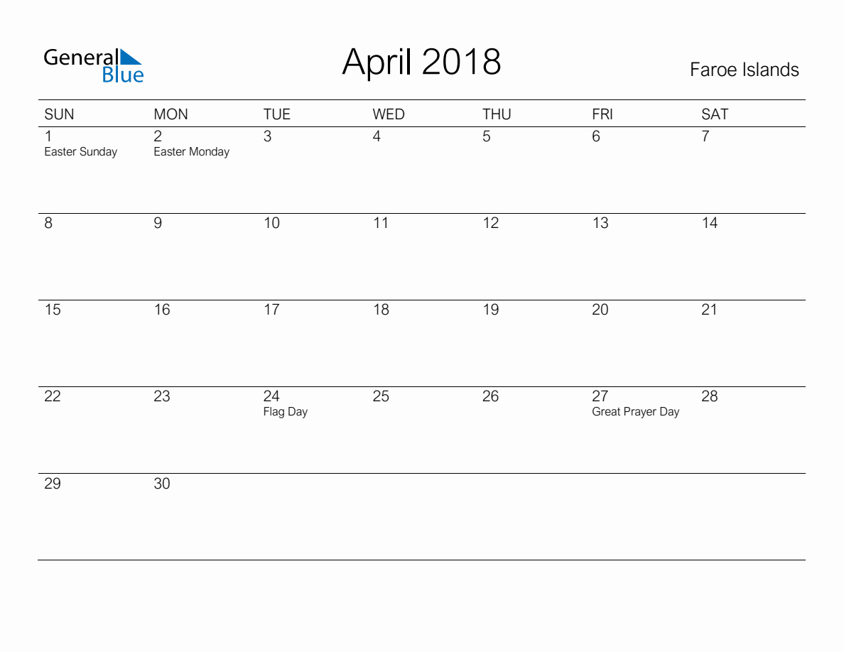 Printable April 2018 Monthly Calendar with Holidays for Faroe Islands