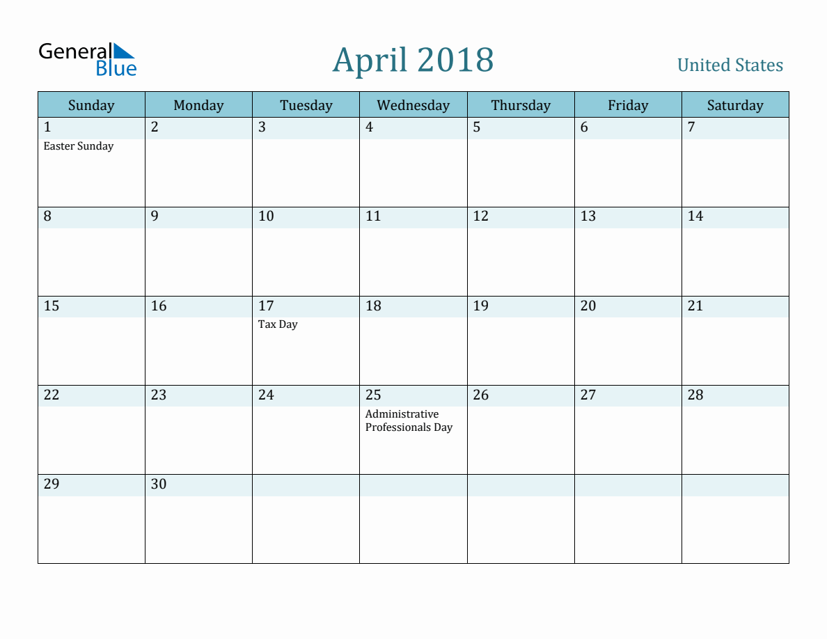 United States Holiday Calendar for April 2018