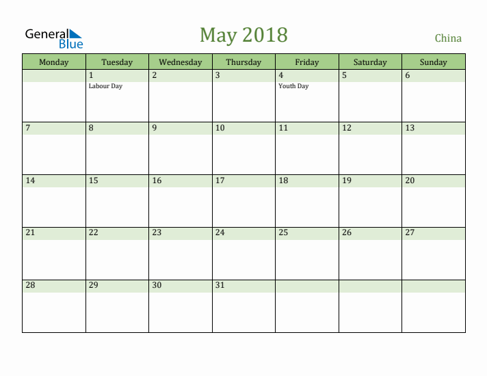 May 2018 Calendar with China Holidays