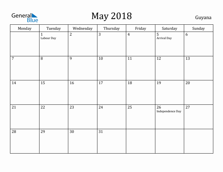 May 2018 Calendar Guyana