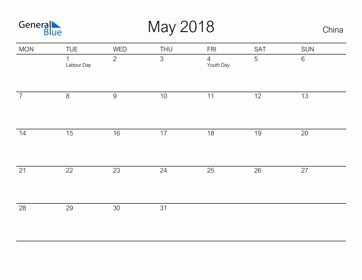 Printable May 2018 Calendar for China