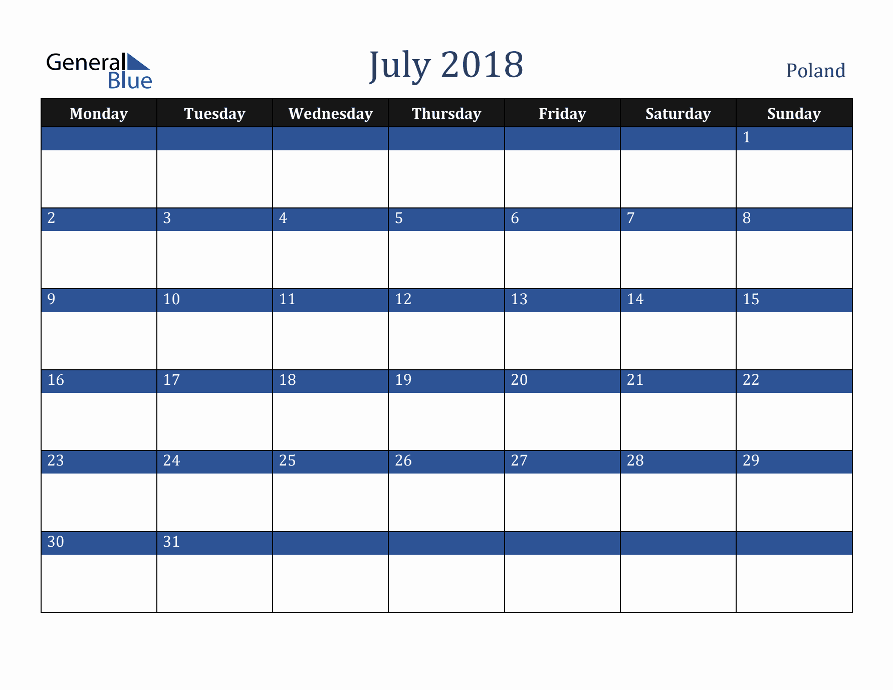 July 2018 Poland Calendar (Monday Start)