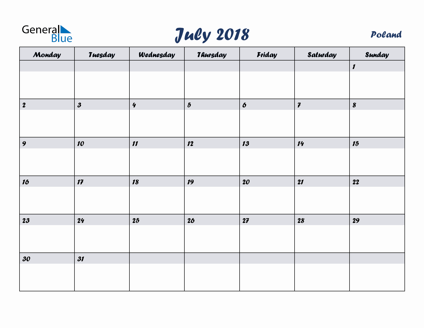 July 2018 Calendar with Holidays in Poland