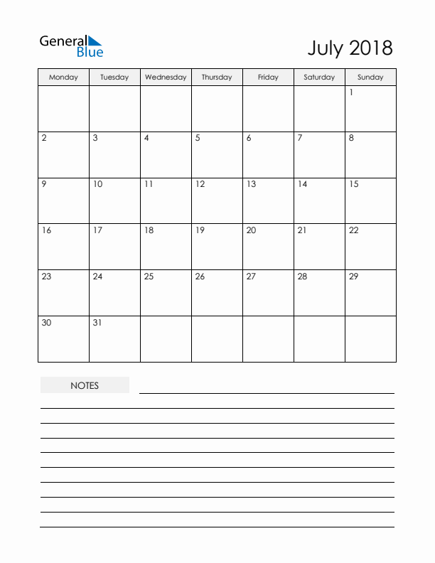 Printable Calendar with Notes - July 2018
