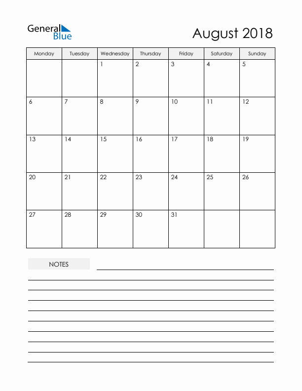 Printable Calendar with Notes - August 2018