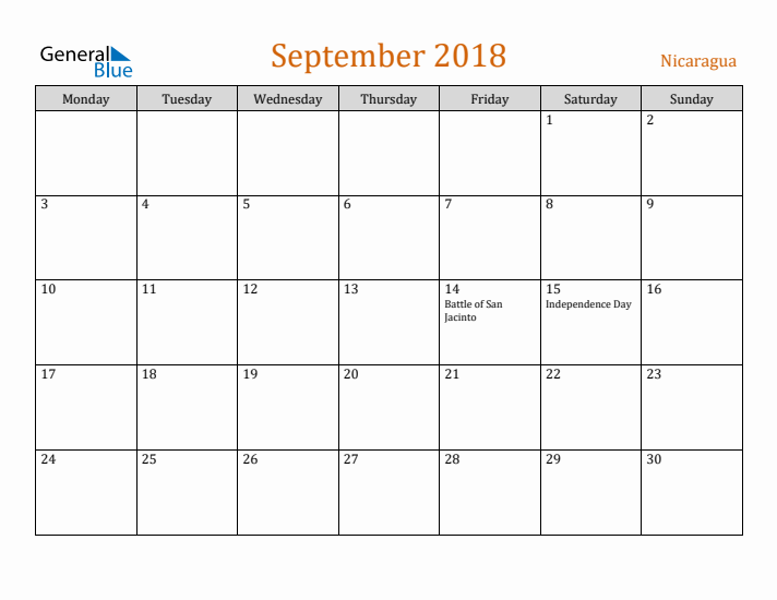 September 2018 Holiday Calendar with Monday Start