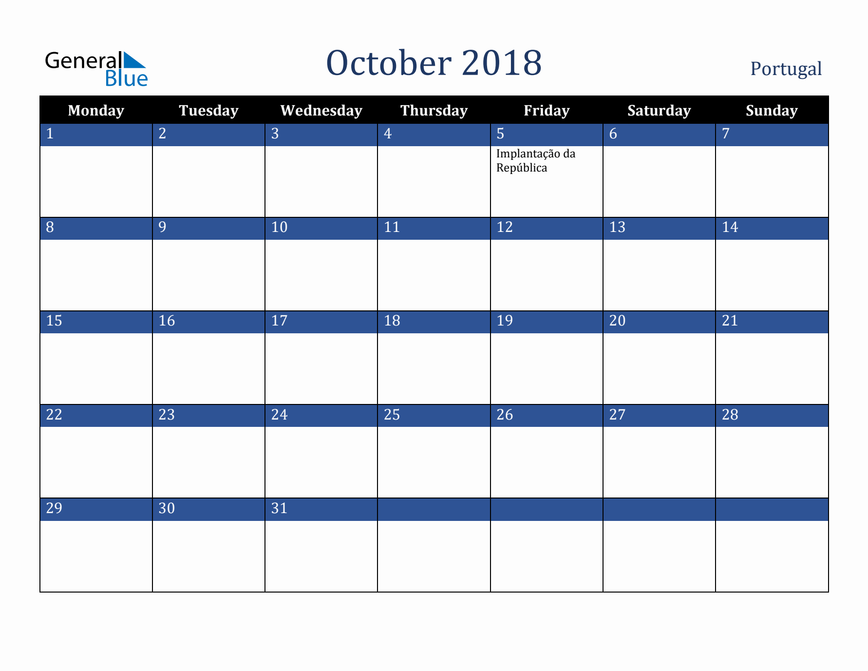 October 2018 Portugal Calendar (Monday Start)