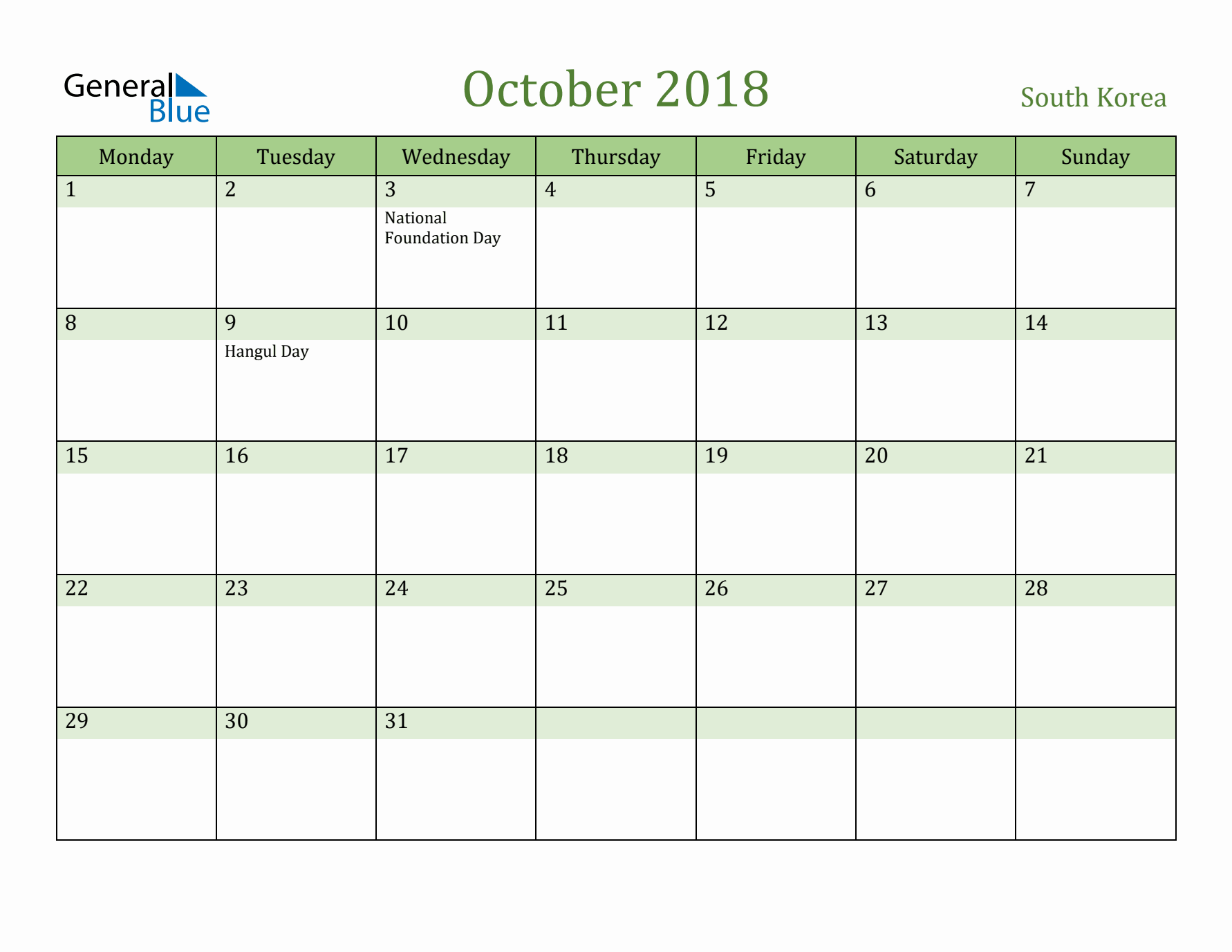 October 2018 Calendar with South Korea Holidays
