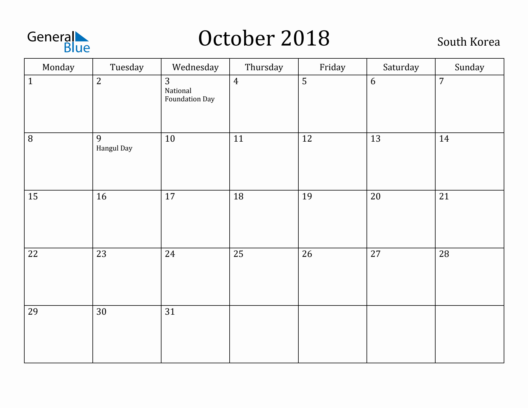 October 2018 Calendar South Korea