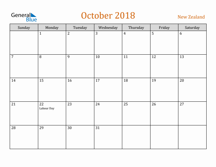October 2018 Holiday Calendar with Sunday Start