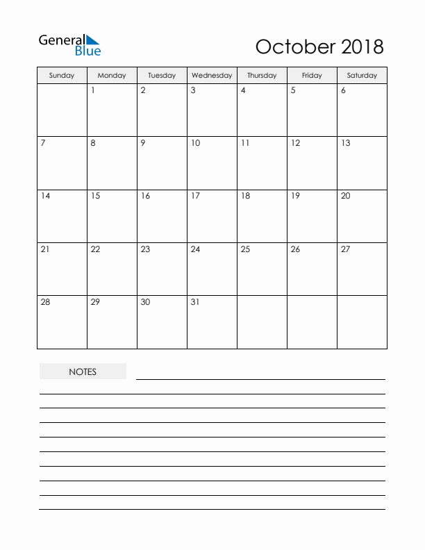 Printable Calendar with Notes - October 2018