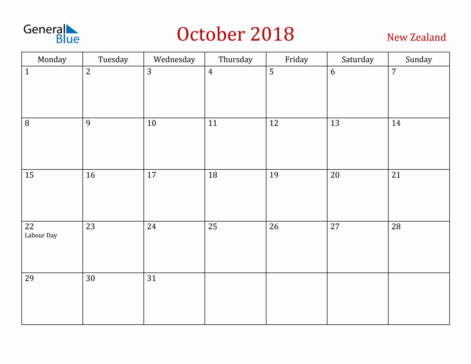 New Zealand October 2018 Calendar - Monday Start