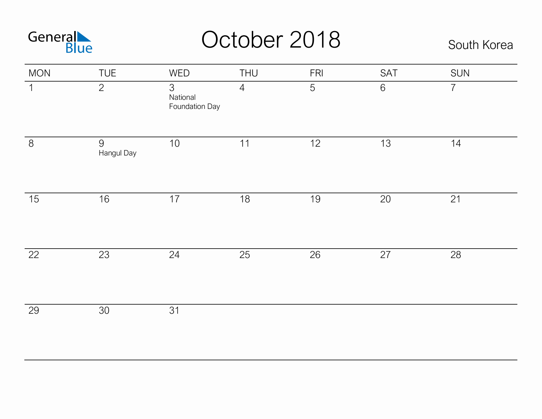 Printable October 2018 Calendar for South Korea