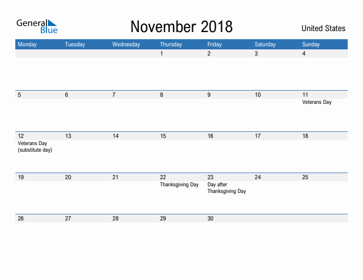 Fillable November 2018 Calendar