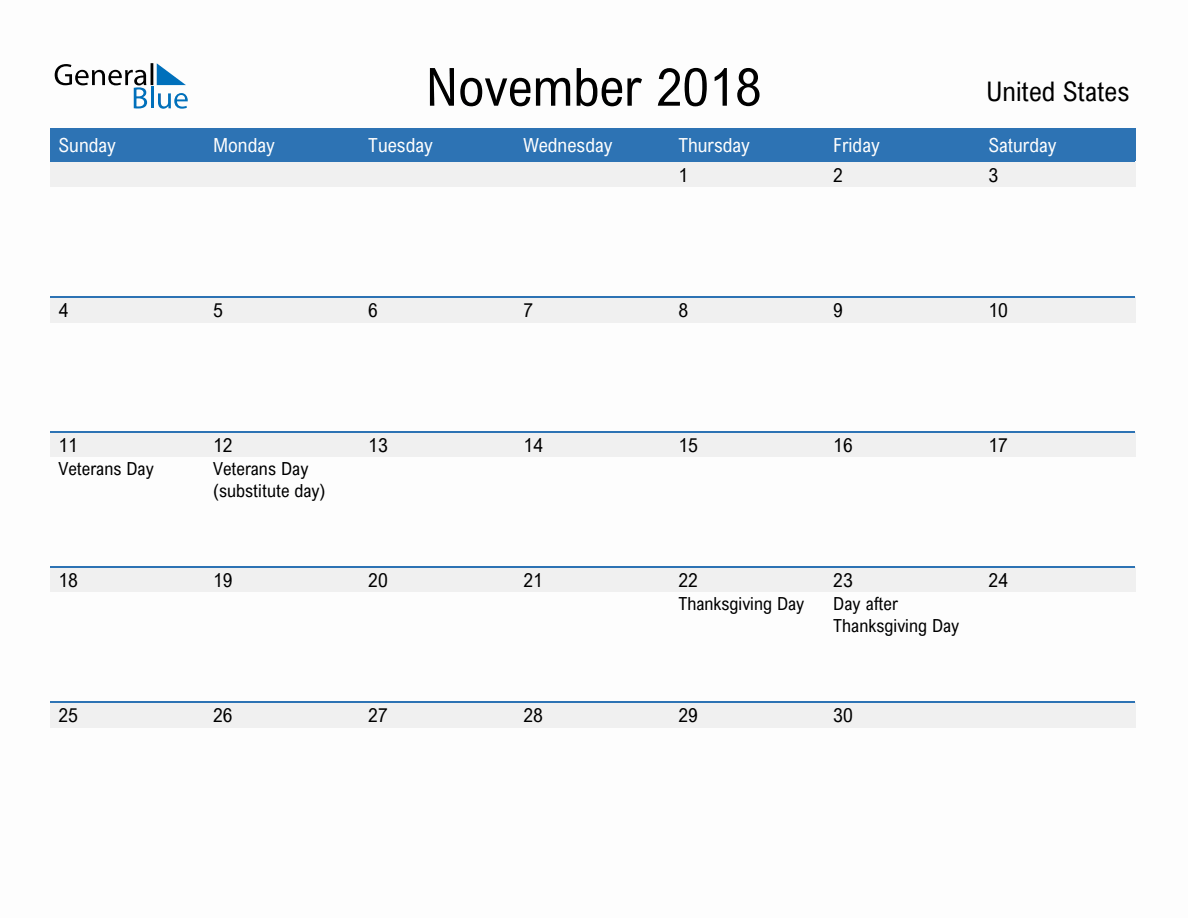 November 2018 Monthly Calendar with United States Holidays