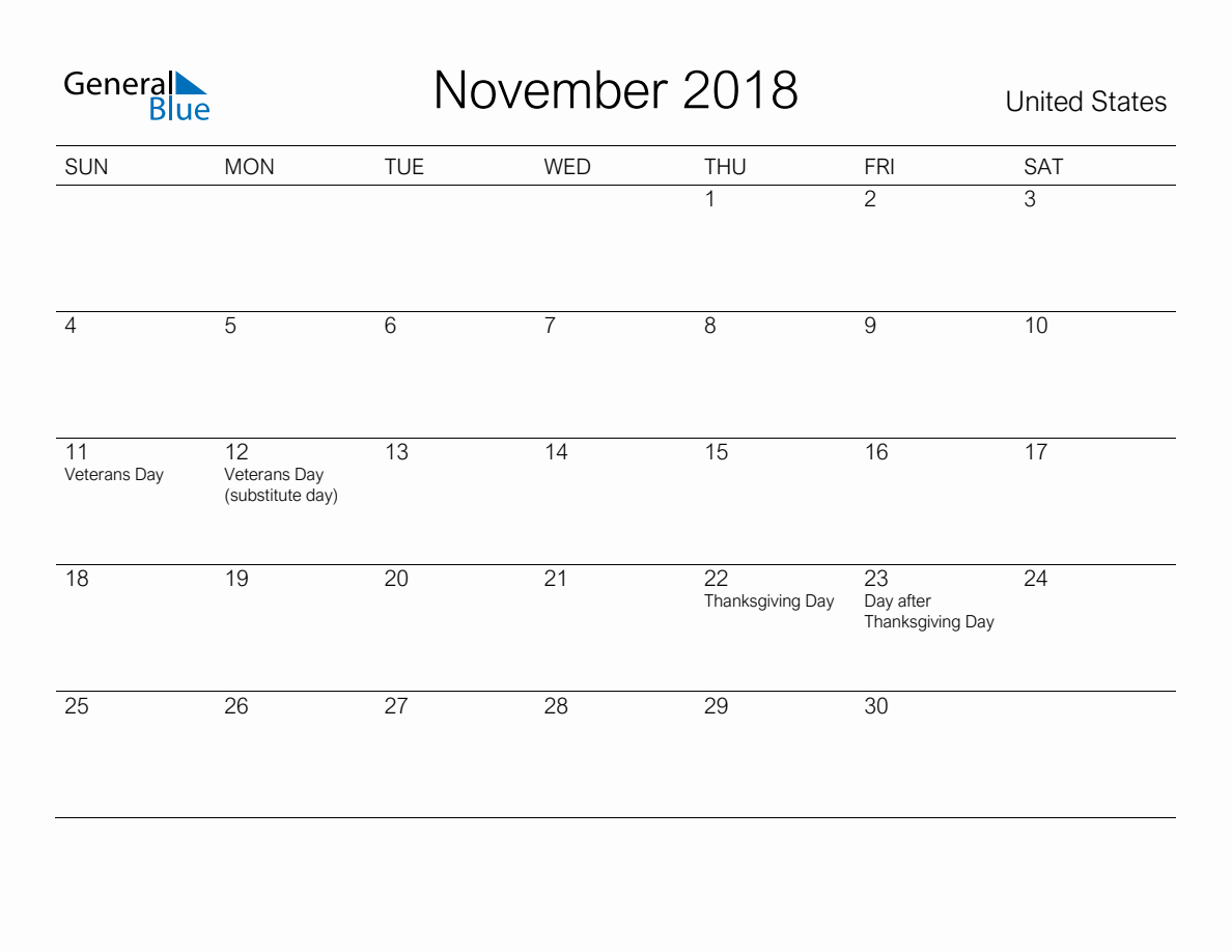 Printable November 2018 Monthly Calendar with Holidays for United States