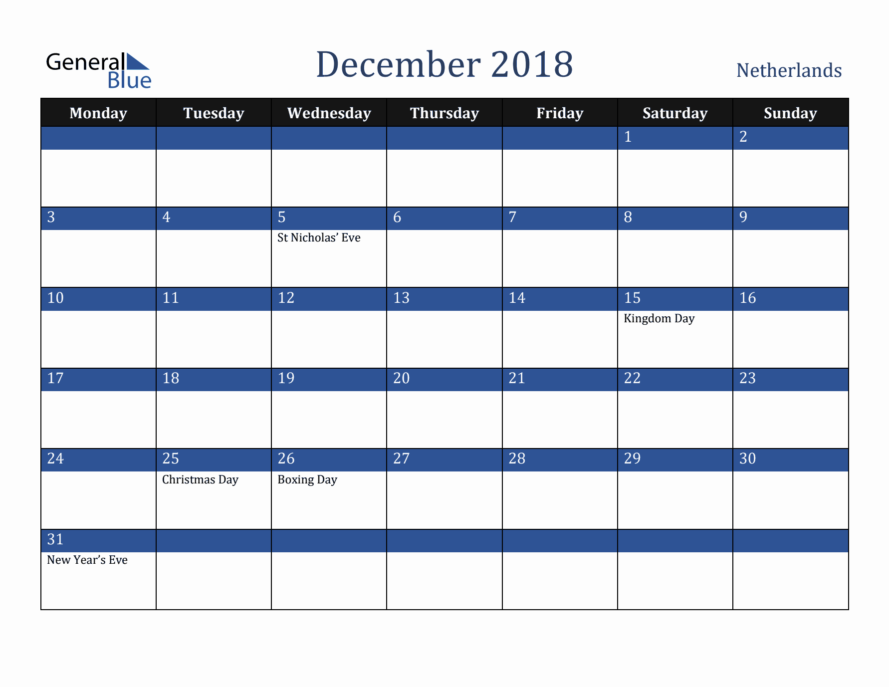 December 2018 The Netherlands Calendar (Monday Start)