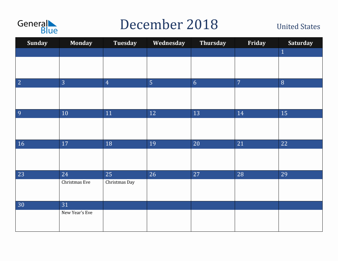 December 2018 United States Holiday Calendar