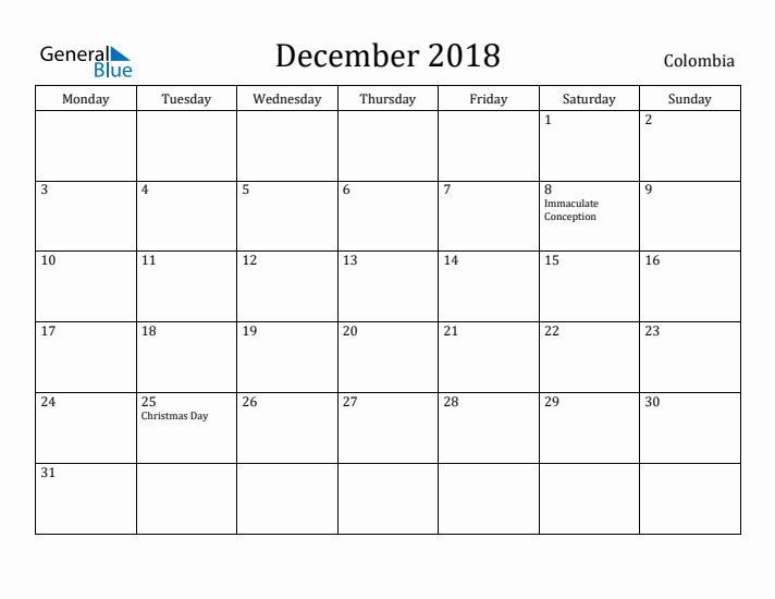 December 2018 Calendar Colombia